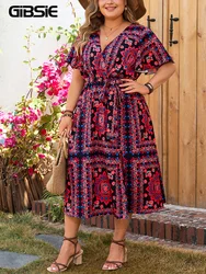 GIBSIE Plus Size Bohemian Ethnic Print Belted Dress Women Summer 2024 V Neck Short Sleeve Holiday Split Long A-Line Dresses