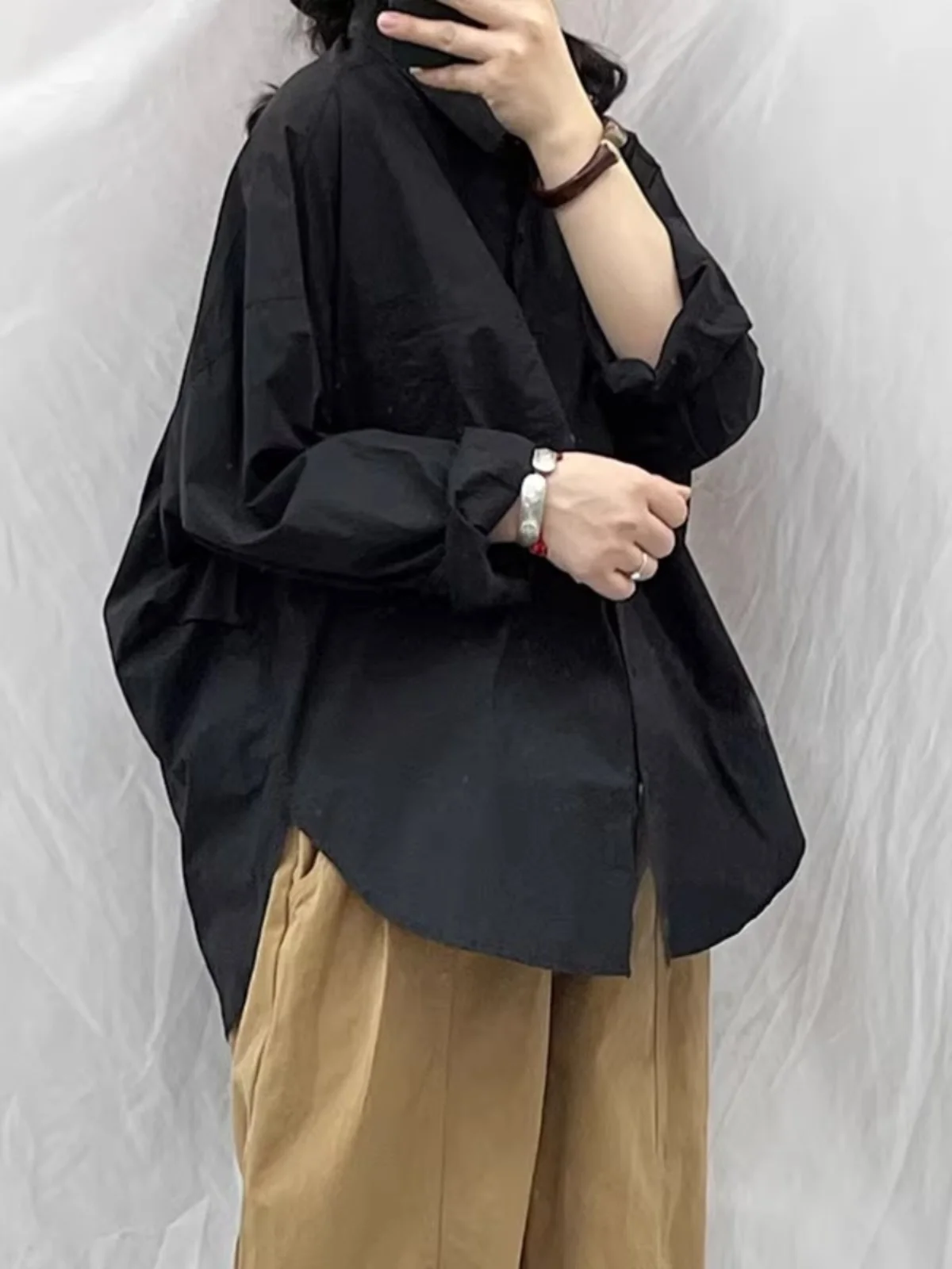 

Повседневная модная однотонная длинная све irt весенняя одежда большого размера, свободный художественный топ в стиле ретро, женская одежда премиум-класса