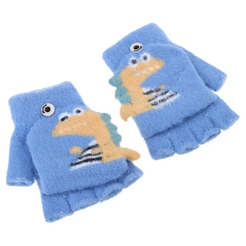 

39BD Kid Winter Knitted Cartoon Mitten Convertible Half Finger Gloves with Top