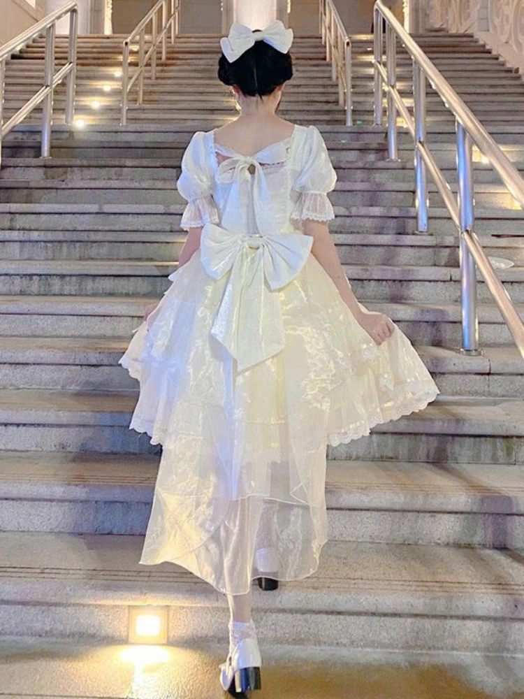 Sweet Fairy Lolita Dress Women Bow Ruffles Party Princess Dress Female 2023 Summer Casual Elegant Korean Dress Short Sleeve Y2k