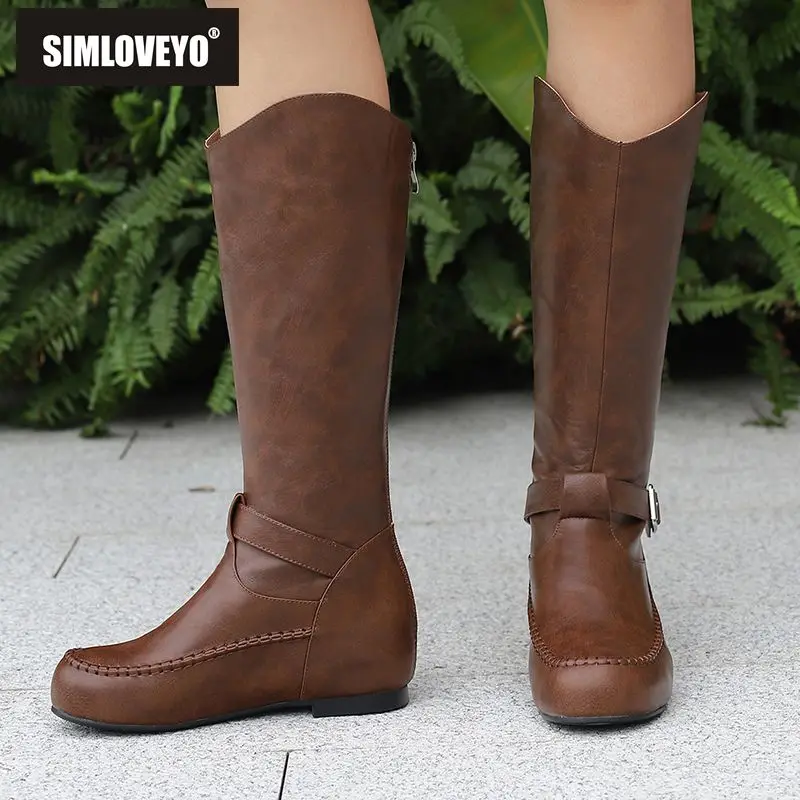 

SIMLOVEYO Brand Female Mid Calf Boots Round Toe 3.5cm Increased Heel Back Zipper Belt Buckle Big Size 43 44 45 Simplicity Fall