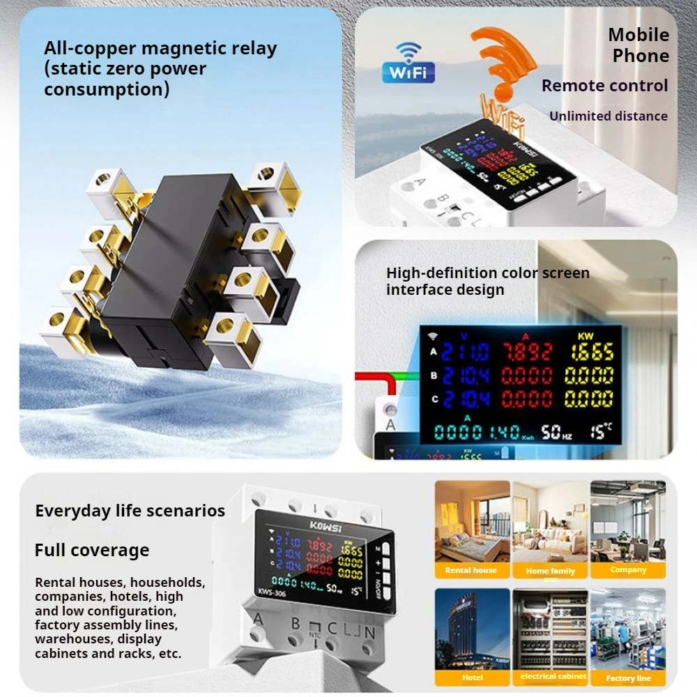 

Измеритель энергии Wi-Fi ЖК-монитор переменного тока AC85-290V 80A 3-фазный 4-проводной счетчик электроэнергии с защитой от перенапряжения на DIN-рейку