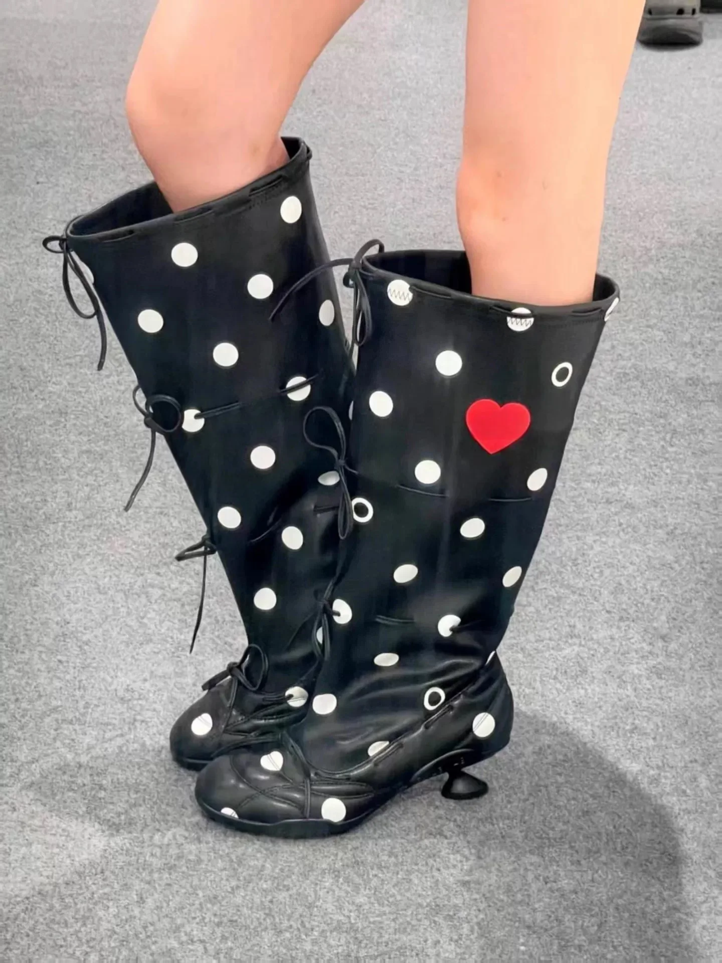 

2026 New Arrival Polka Dot Ballet Bow Lace-up Long Boots Fashionable Strange Heel Wide Shade Slip-on Knee-high Boots for Women