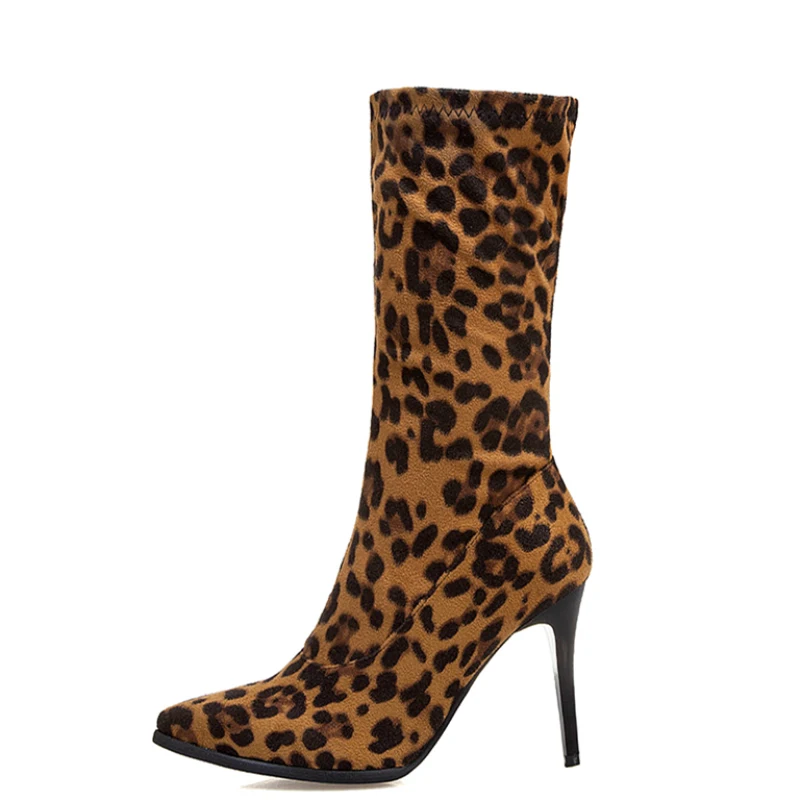 Soft Elastic Slim Leopard Boots Women Autumn Pointed Toe Mid-calf Boot Sexy Thin High Heels Short Black White Dance Shoes Ladies