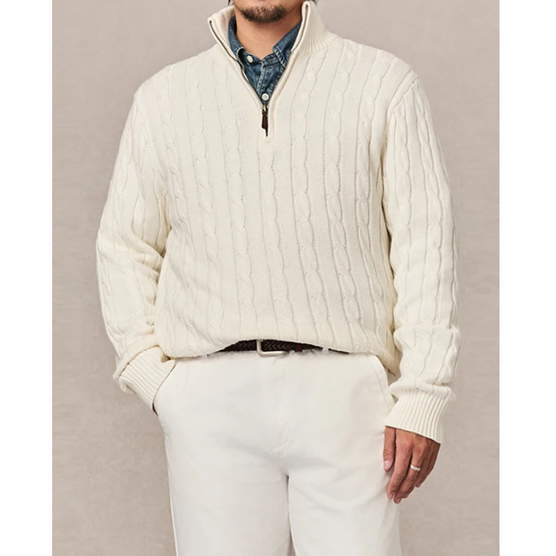 Firmranch 레트로 하프 터틀넥 지퍼 스웨터 점퍼 남성용 여성용 니트 트위스트 위빙 저지 풀오버 비즈니스 캐주얼웨어