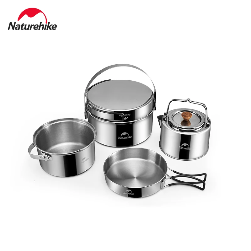 Naturehike Camping Cookware Kit Outdoor Stainless Steel Cooking Set Water Kettle Pan Pot Travelling Hiking Picnic BBQ Tableware