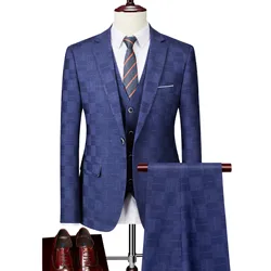 Plaid Suit Men Blazer Vest Pants Business British Style Wedding Dress Banquet High End Slim Fit Jacket Trousers 3 Piece Set