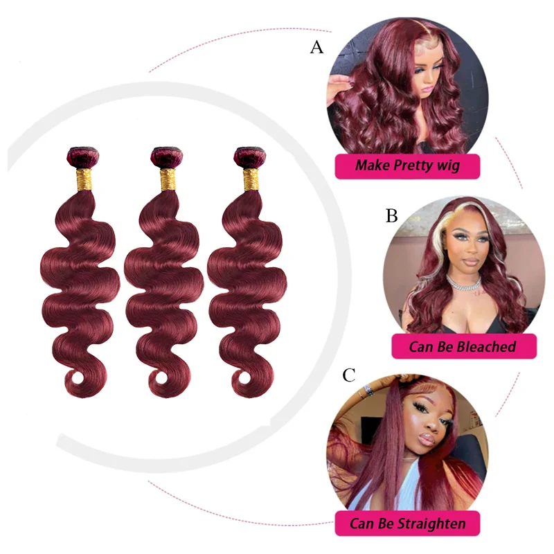 Red Human Hair Bundles Body Wave 99J Human Hair Bundles Brazilian Remy Hair Weaving Extensions Wine Red Bundles For Black Women