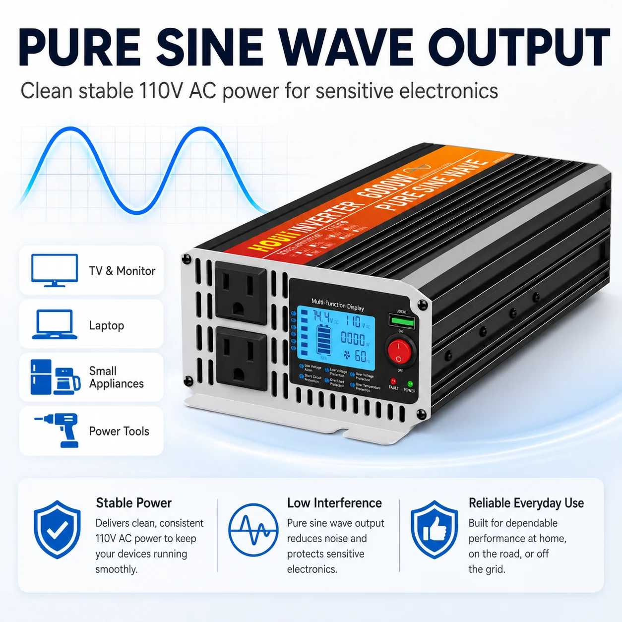 HOULI Pure Sine Wave Power Inverter 2000W 3000W 4000W 5000W 12V DC To 110V AC For RV Truck