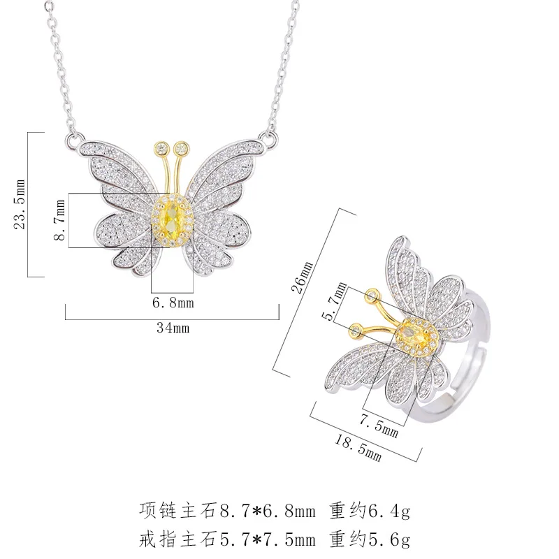 Micro Pave Clavicle Chain Yellow Crystal Zircon Butterfly Earrings Yellow Diamond Butterfly Diamond Necklace Wholesale Gold Plat