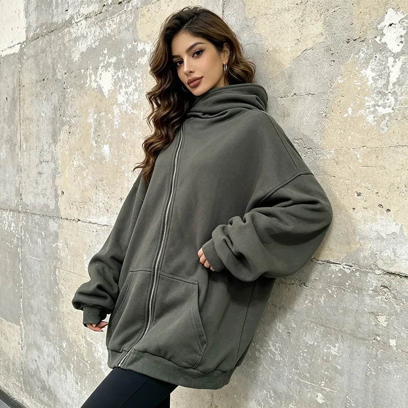 Women Fashion Casual Hooded Jacket Solid Color Long Sleeve Asymmetrical Zip Design Loose Sweatshirt Coat Streetwear 2026 New