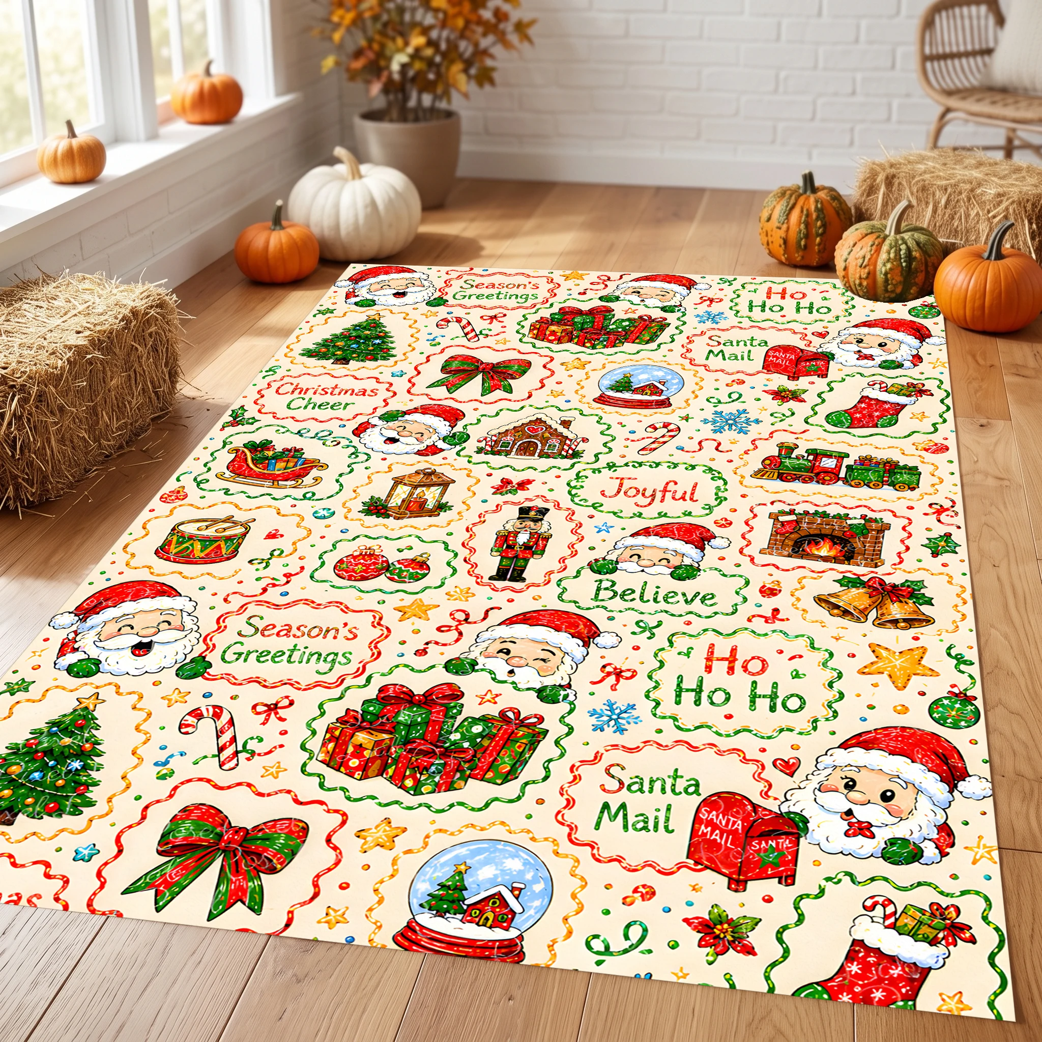 Velvet Rug Hand Painted Santa Gingerbread House Joyful Slogan American Playful for Living Room Bedroom Entryway