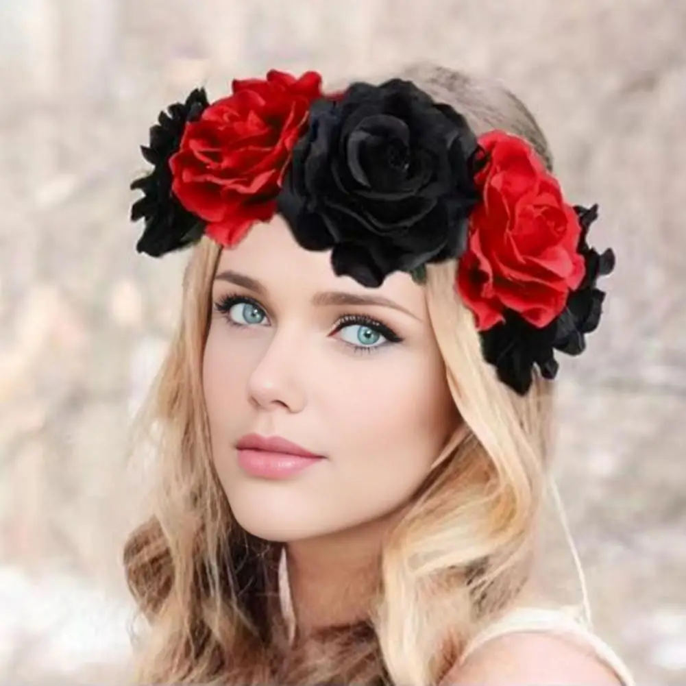 ローズフラワークラウンヘッドバンド手作りヘアフープ5つの造花付き高弾性デザインボヘミアスタイルヘアフープフェスティバル装飾