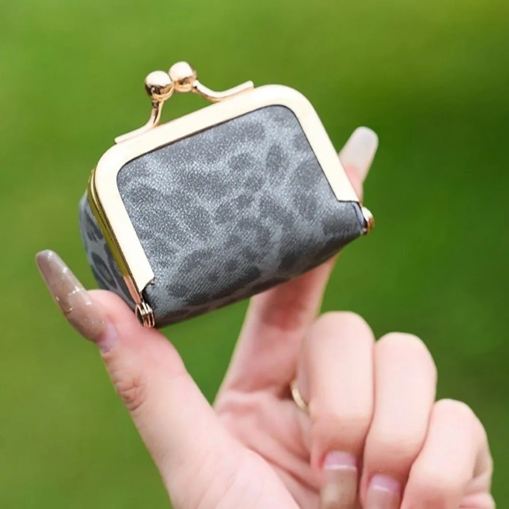 Leopard Print Kiss Lock Coin Purse Square Solid Color Leather Jewelry Bag Multifunctional Mini Small Item Bag Woman Girl