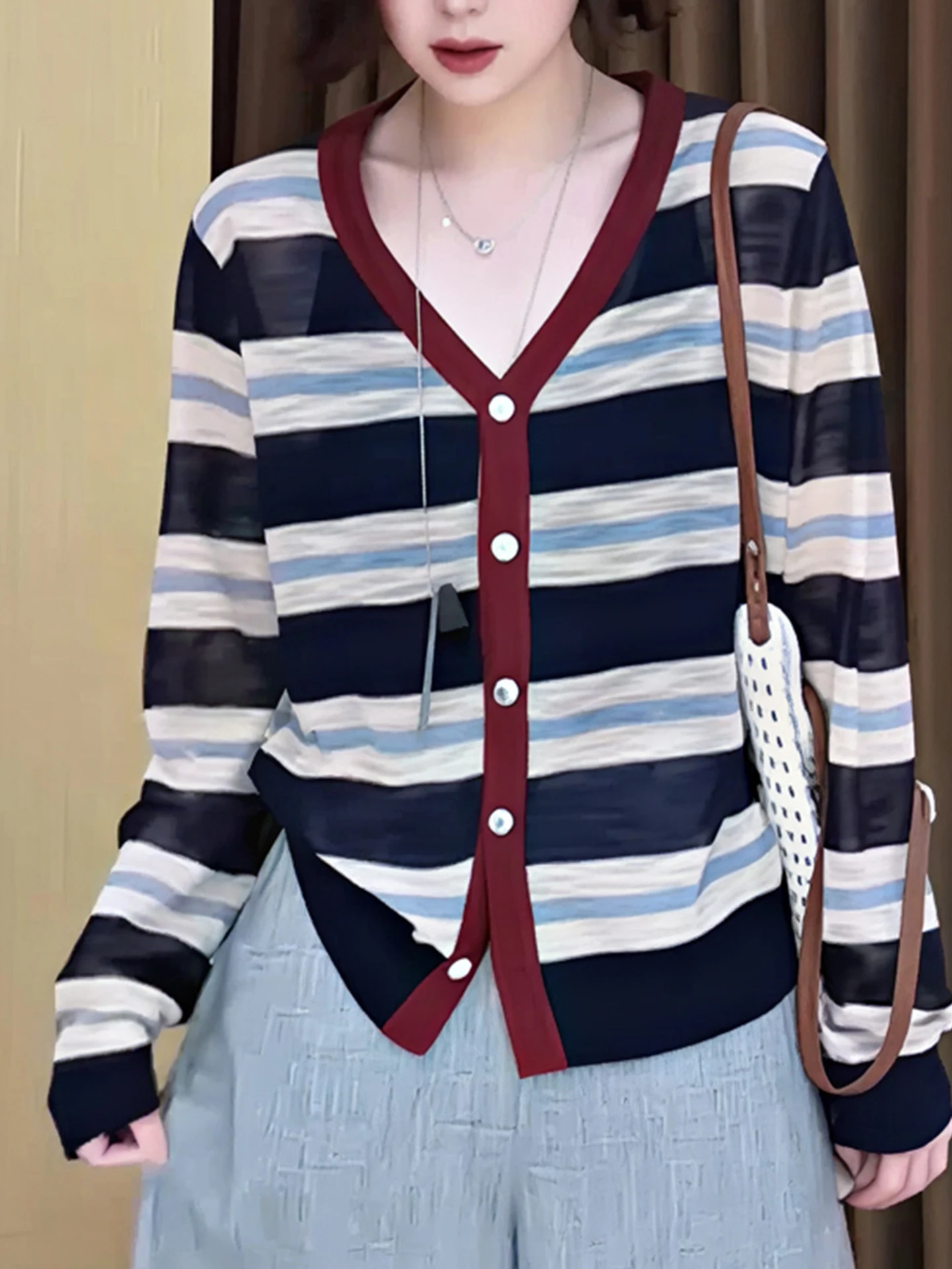 

Лето 2023, повседневная полосатая цветная блузка, простая свободная длинная вязаная солнцезащитная накидка, топ для похудения, модный женский...