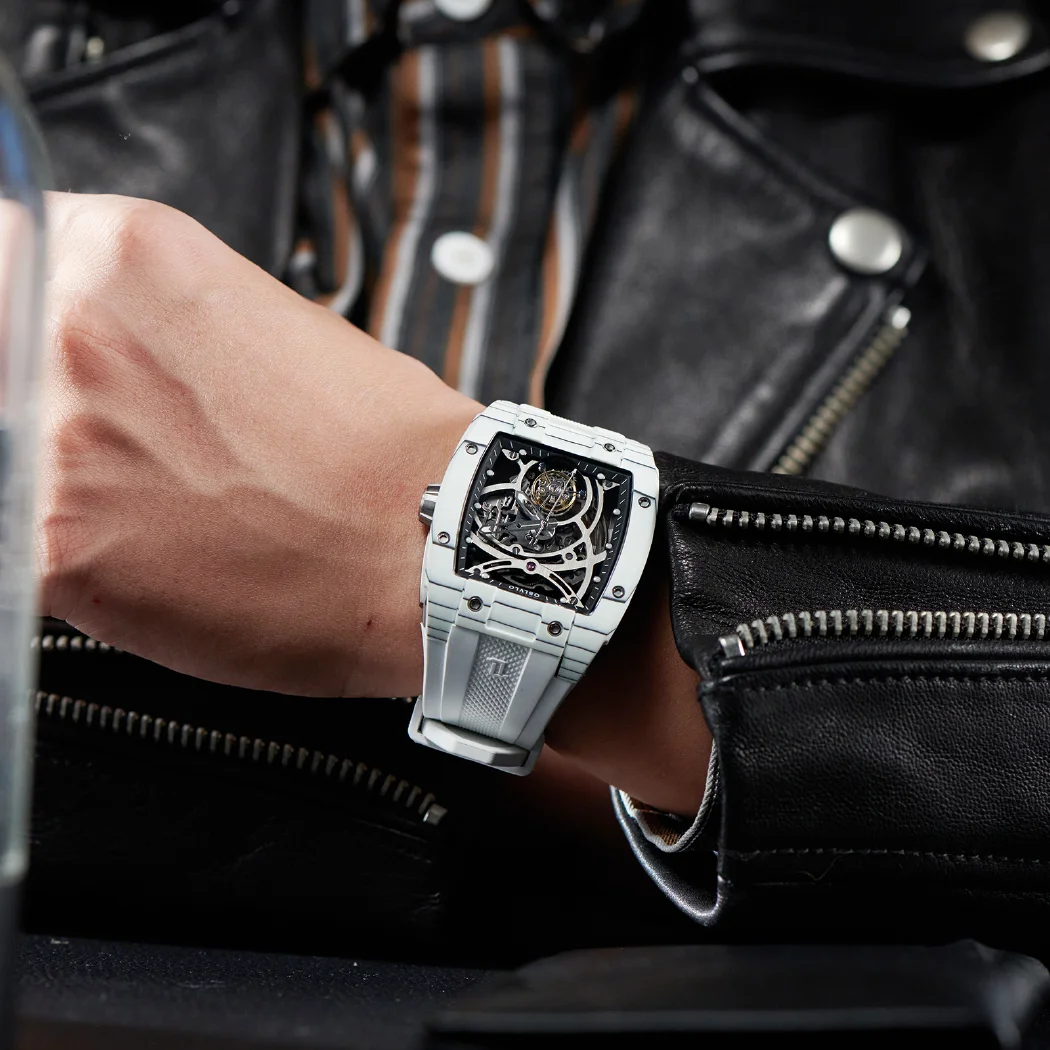 Oblvlo Tourbillon เคสคาร์บอนไฟเบอร์เรืองแสงทรงถังไวน์แบบนาฬิกาข้อมือผู้ชาย EM-RT Tali Jam Tangan karet