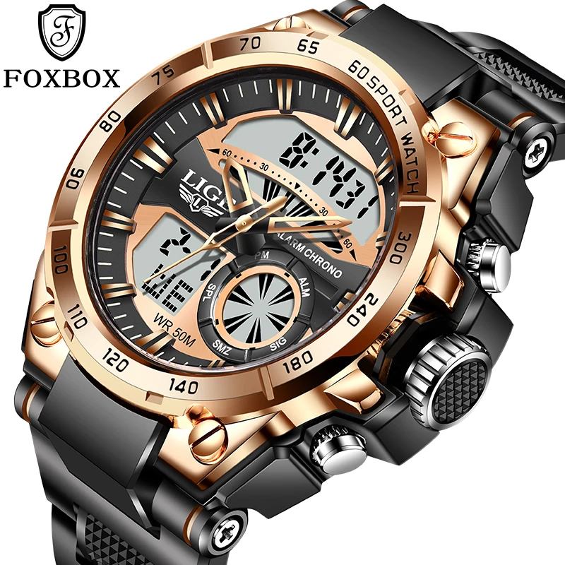 

FOXBOX Luxury Dual Display Men Watches Waterproof Sport Watch Military Man Alarm Stopwatch Quartz Wristwatch Male Digital Clock