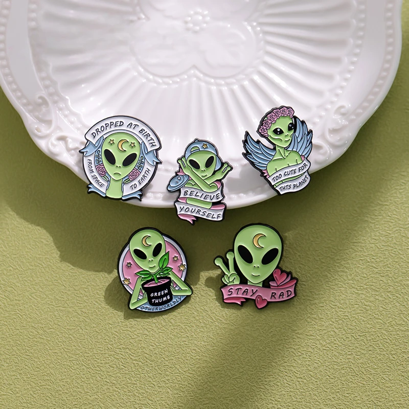 Believe Yourself Enamel Pins Dropped At Birth Cute Planet Alien Quotative Brooches Lapel Badges Funny Jewelry Gift Wholesale