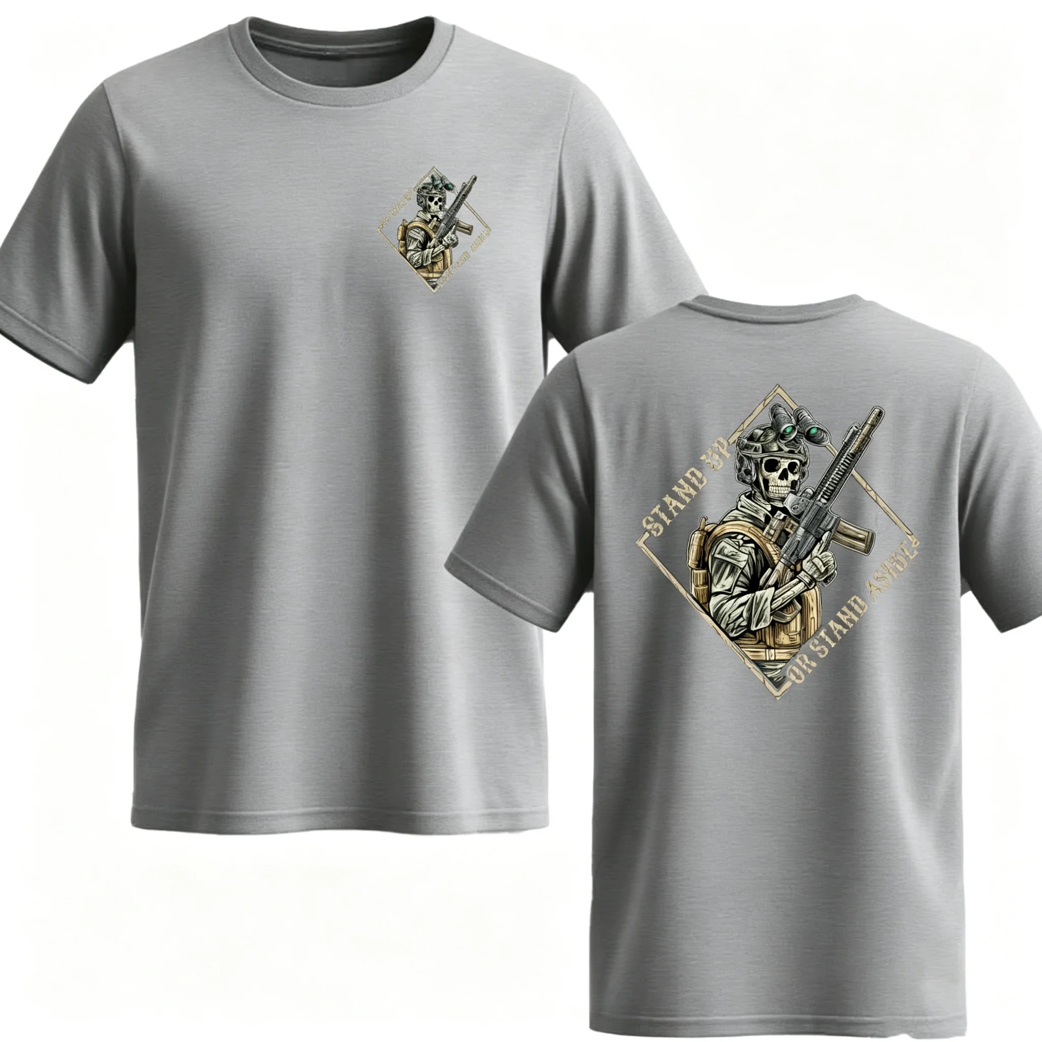 2026 Tactical Skeleton Soldier Front Back Print T‑Shirt Kids Adults Vintage Military‑Style Streetwear Loose Short‑Sleeve Tops