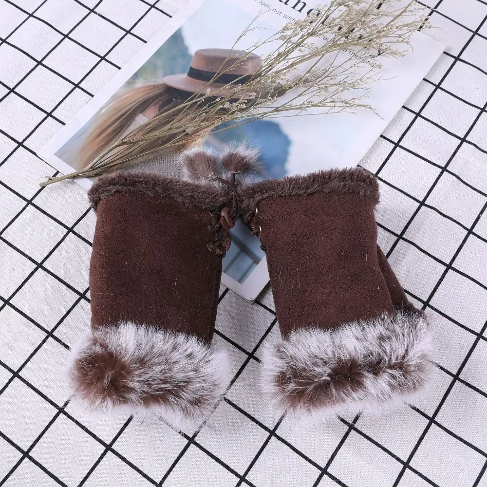 Faux Rabbit Hair Suede Leopard Print Gloves Thicken Warm Fingerless Mittens Windproof Soft Stretch Wrist Warmers Outdoor