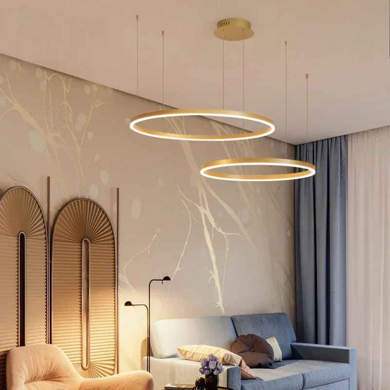 2024 Modern Led Ceiling Chandelier Home Brushed Round Rings Mounted Pendant Lighting Living Room Gold Coffee Color Hanging Lamp