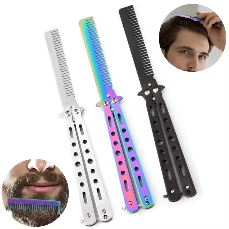 Foldable Comb Stainless Steel Practice Training Butterfly Knife Comb Beard Moustache Brushe Salon Hairdressing Styling Tool