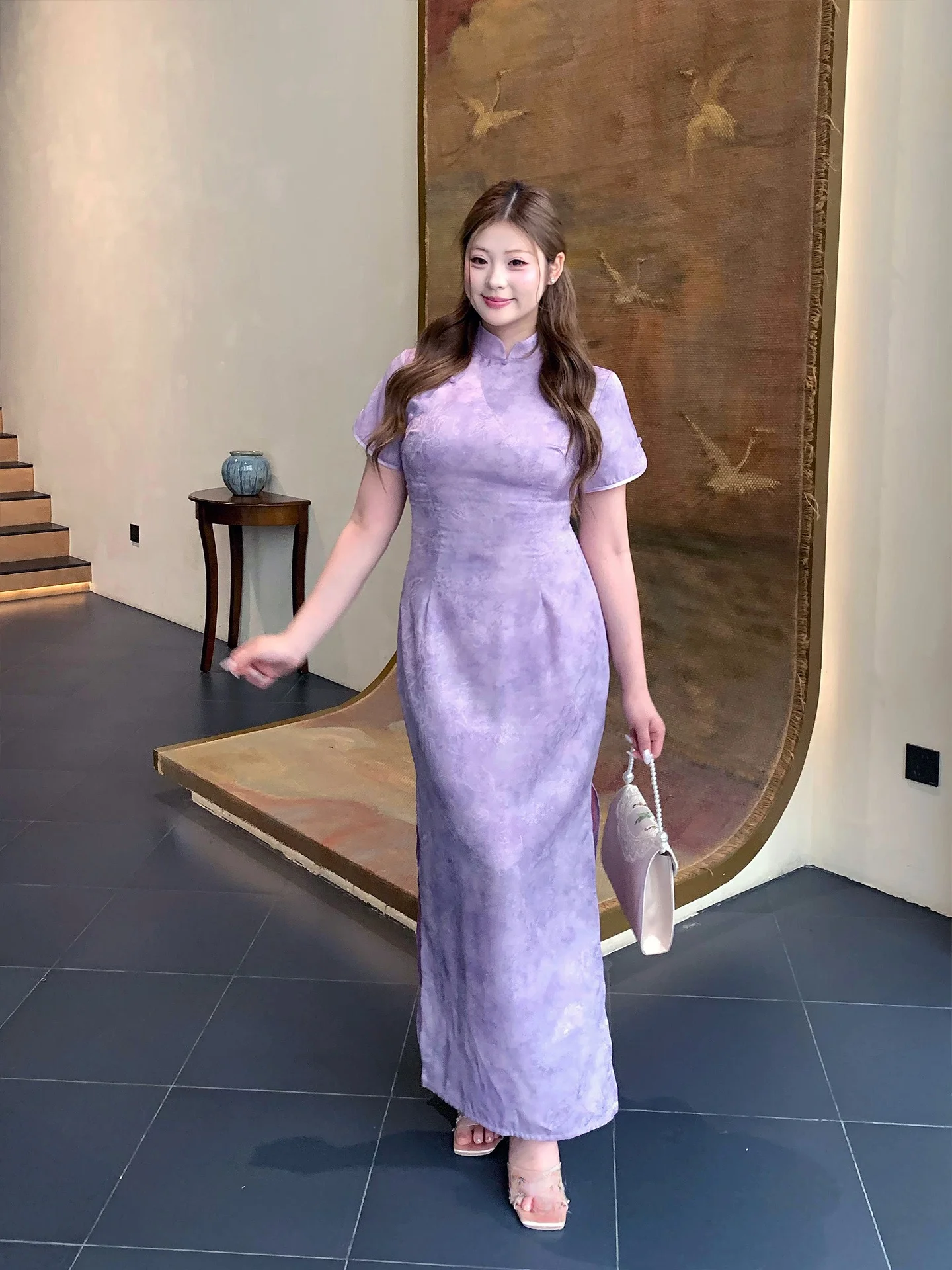 

Young Style Revamped Qiaojiao plus Size Women's Dress Purple Traditional Chinese Style Short Sleeve Long Dress for plus Size