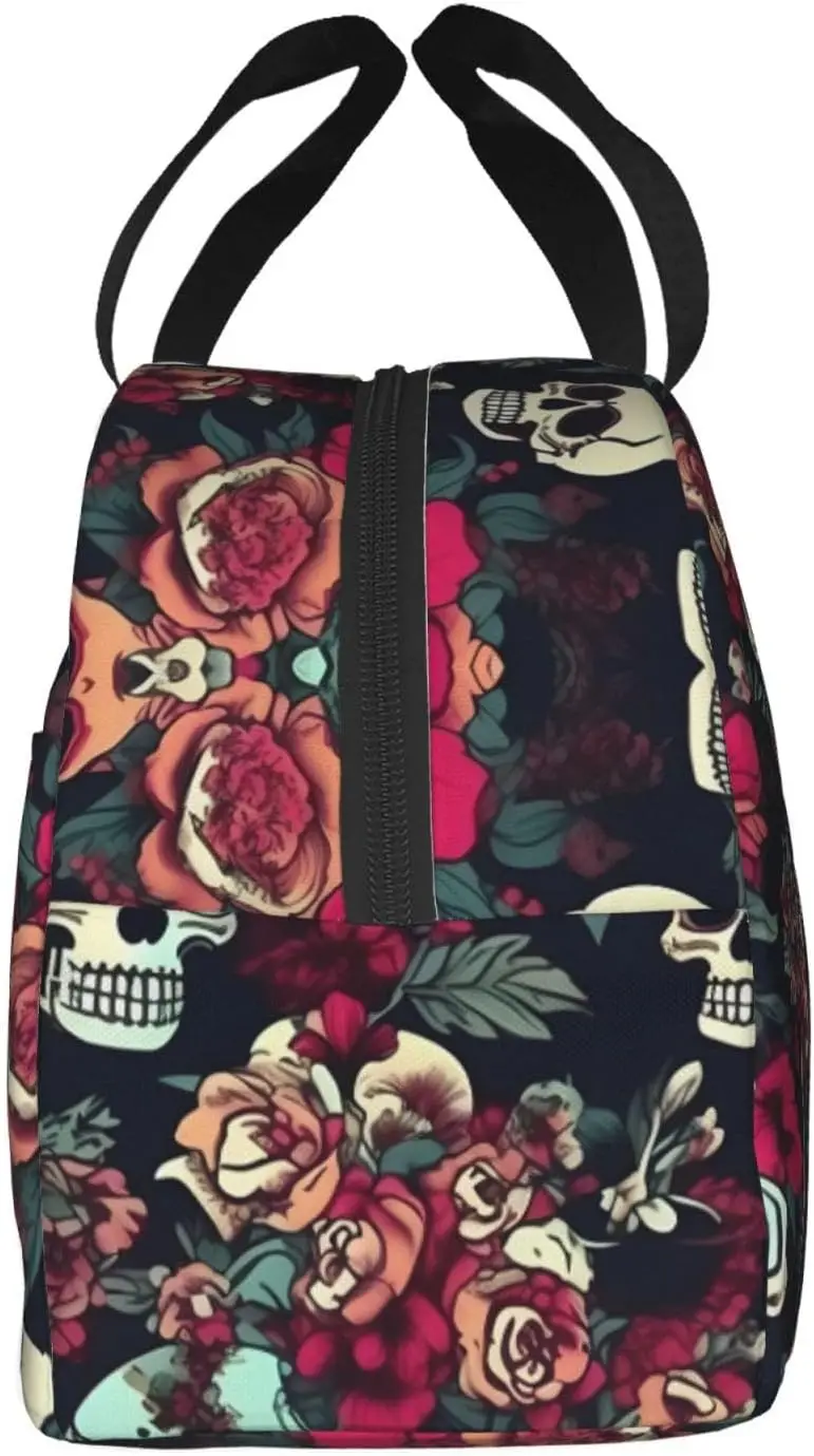Bolsa de almuerzo con aislamiento con estampado de calaveras florales coloridas, fiambrera reutilizable con bolsillo frontal para trabajo y contenedor de Picnic impermeable