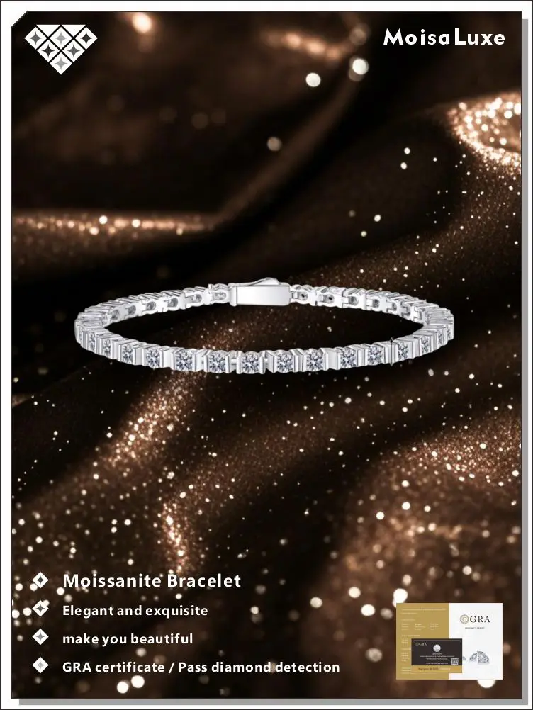 

MoisaLuxe Moissanite Bracelet 925 Sterling Silver Hiphop Tennis Bracelet Iced Out Hip-hop Streetwear Jewelry GRA