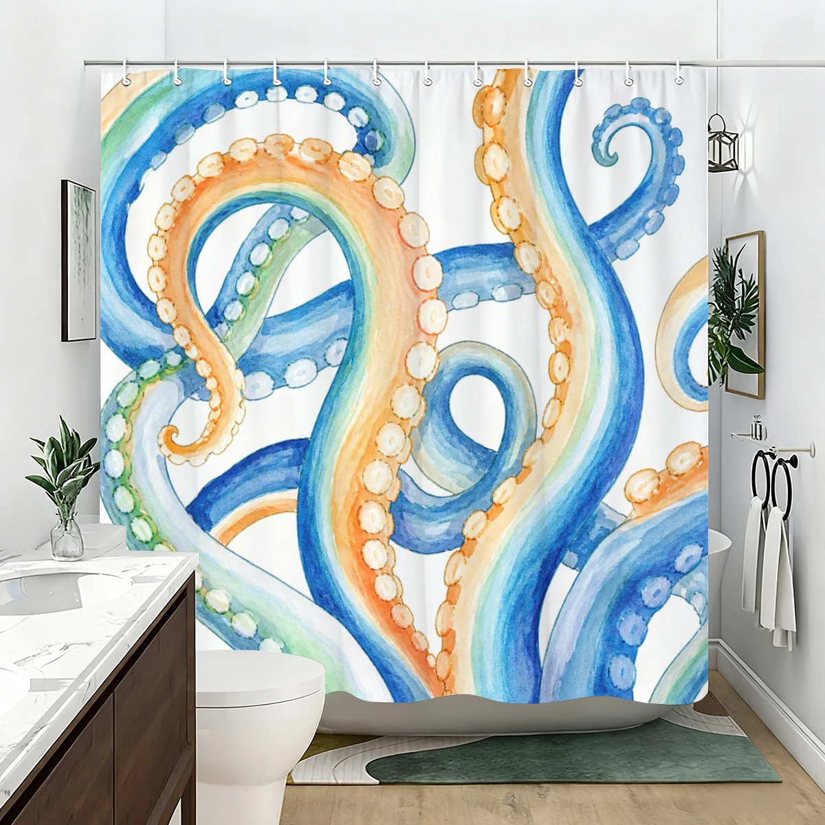 Vibrant Patterned Polyester Bathtub Curtain - Stylish Bathroom Decor with Dragonfly, Jellyfish, Octopus & Floral Designs