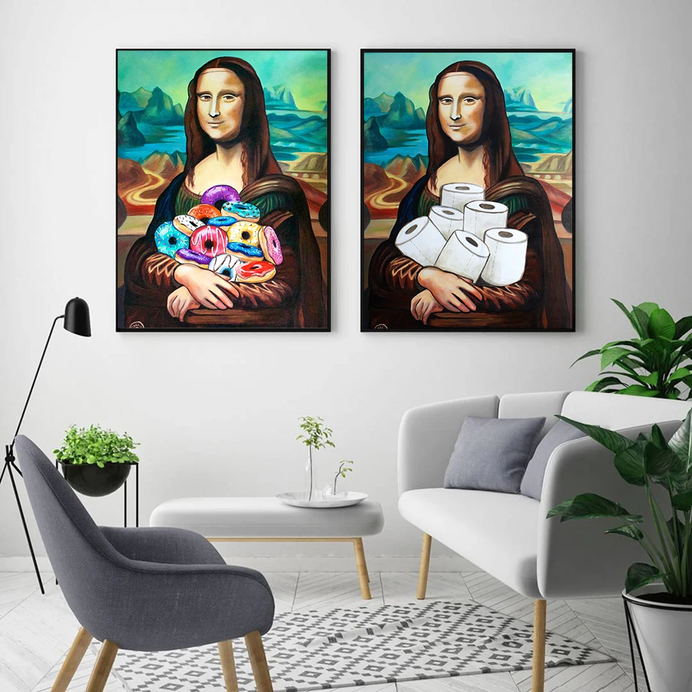 Canvas Art  Funny Mona Lisa Art Painting Holding Toilet Paper Bath Towel Mural Poster Living Room Home Decoration Cuadros