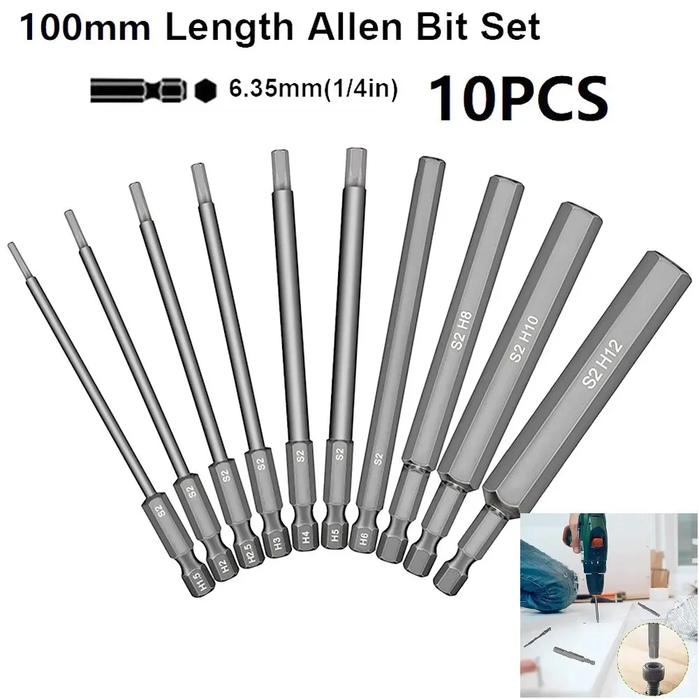 10Pcs 1.5-12mm 1/4 Inch Hex Head Allen Wrench Screwdriver Drill Bit Set Magnetic Tip 100mm S2 Steel Metric Hex Key Screwdriver