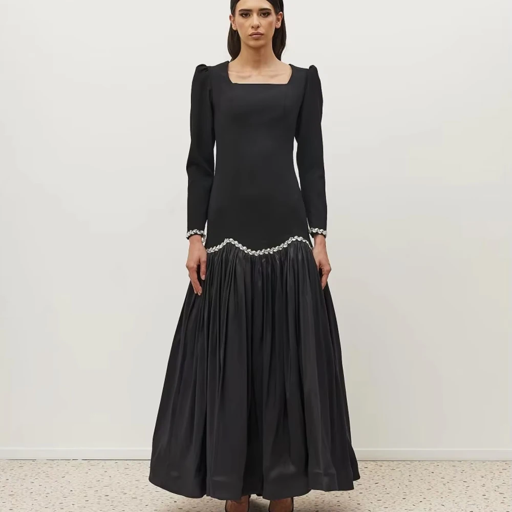 

Customized Dubai Evening Dresses Luxury Black Square Collar Luxury Party Dress Made ALineRhinestones Woman Elegant Bridal Gown