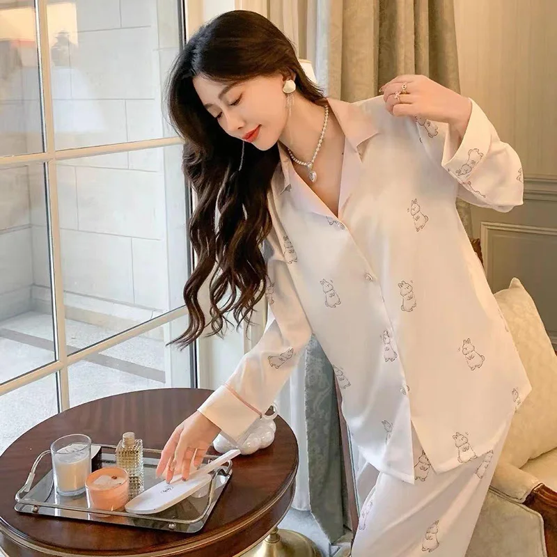 Ladies Clothing Summer Ice Silk Pajamas Women Silk Long-Sleeved Herringbone Pattern Jacquard Simulation Silk Homewear Suit