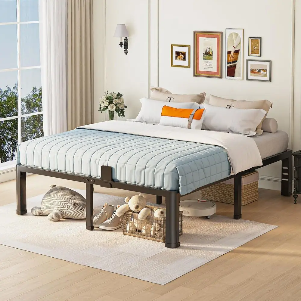 14 Inch Full Size Bed with Round Legs, Heavy Duty Metal Platform, Steel Slat Support, No Box Spring Needed, Easy Assembly, Noise