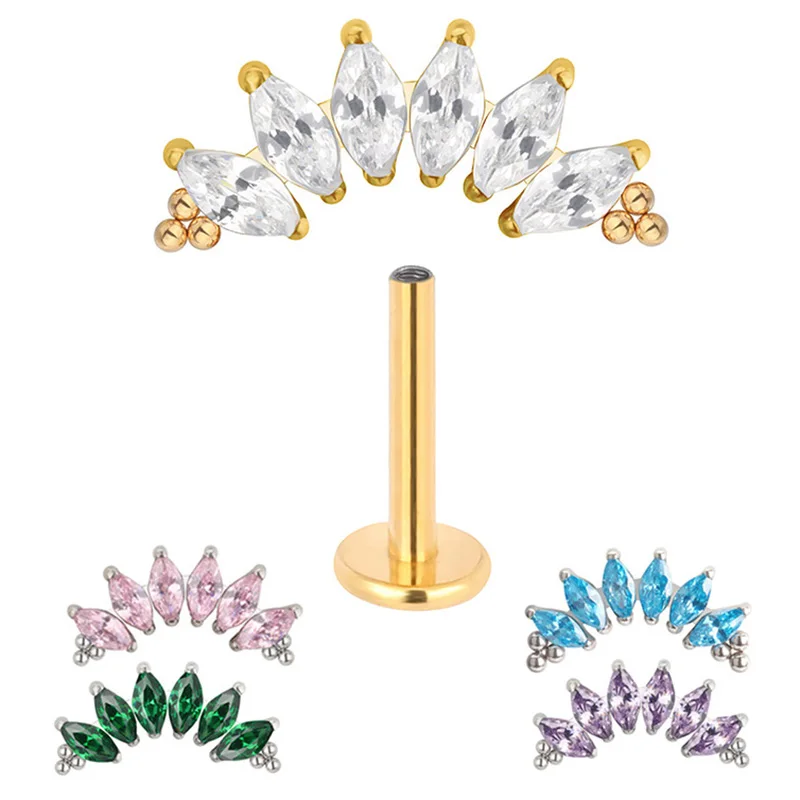 

ASTM F136 Titanium PIERC 6 CZ Marquise With Tri-bead Cluster Threaded Top Ear Cartilage Earrings Lip Ring Stud Piercing Jewelry