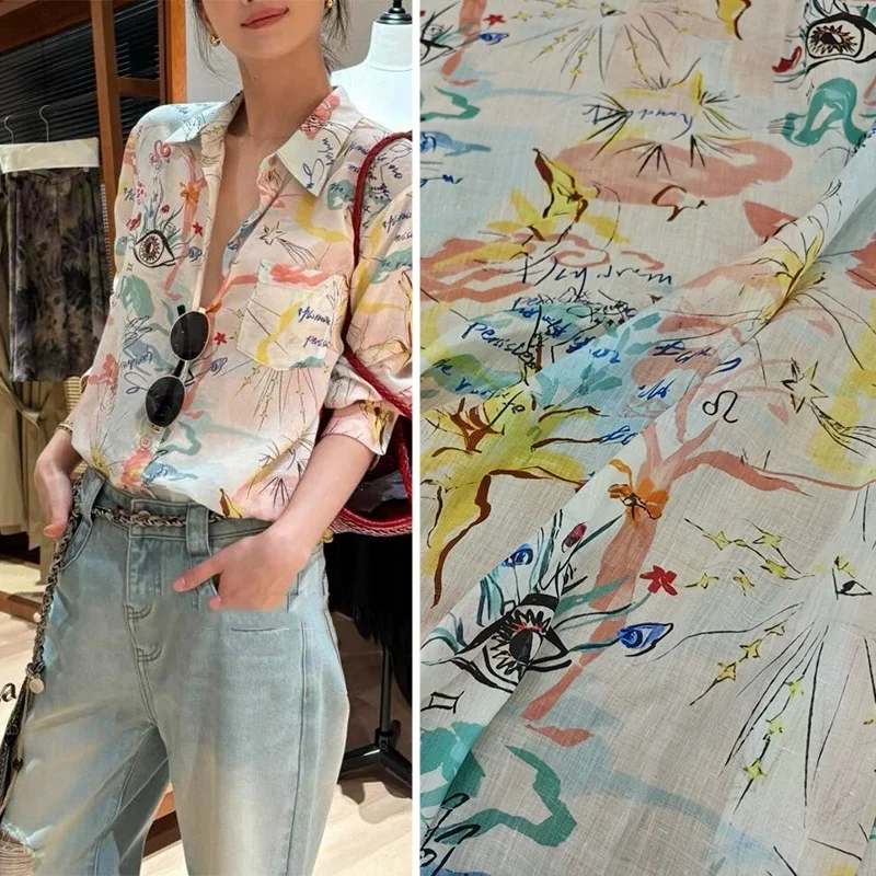 

Граффити с абстрактным принтом звезды и линии, натрильная рами, ткань для женщин, летнее пляжное платье, блузка, материал для шитья своими руками