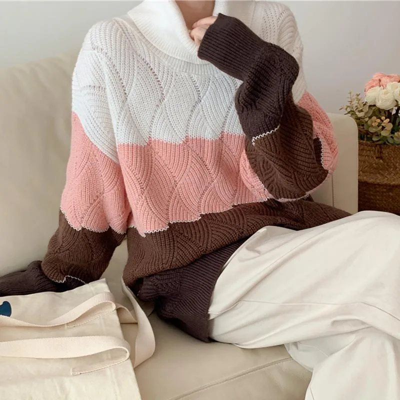 

Kawaii Women Pullovers Sweater Turtleneck Tops Winter Korean Ladies Patchwork Casual Long Sleeve Knitted Vintage Sweaters