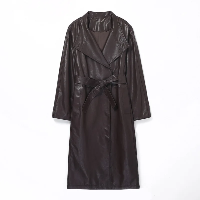 Retro Coffee Women Real Leather Trench Coat Fashion Stand Collar Casual Lace-up Belt Ladies Loose Long Sheepskin Trench Outwear