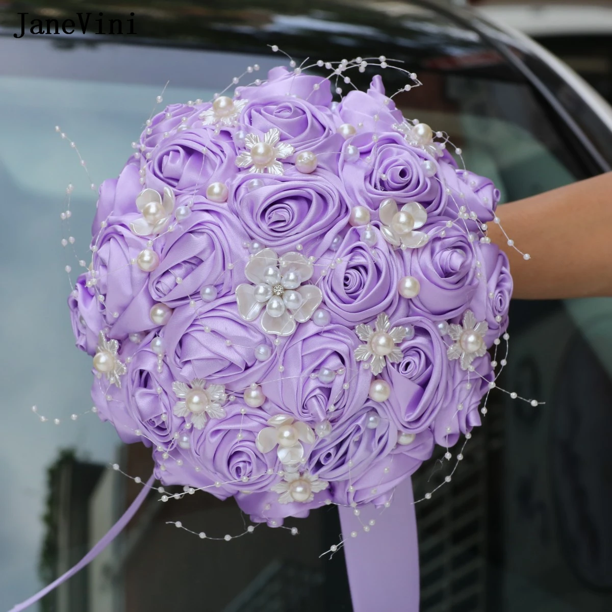 

JaneVini Elegant Light Purple Bridesmaid Bridal Bouquets with Pearls Artificial Satin Roses Korean Wedding Bride Bouquet Flowers