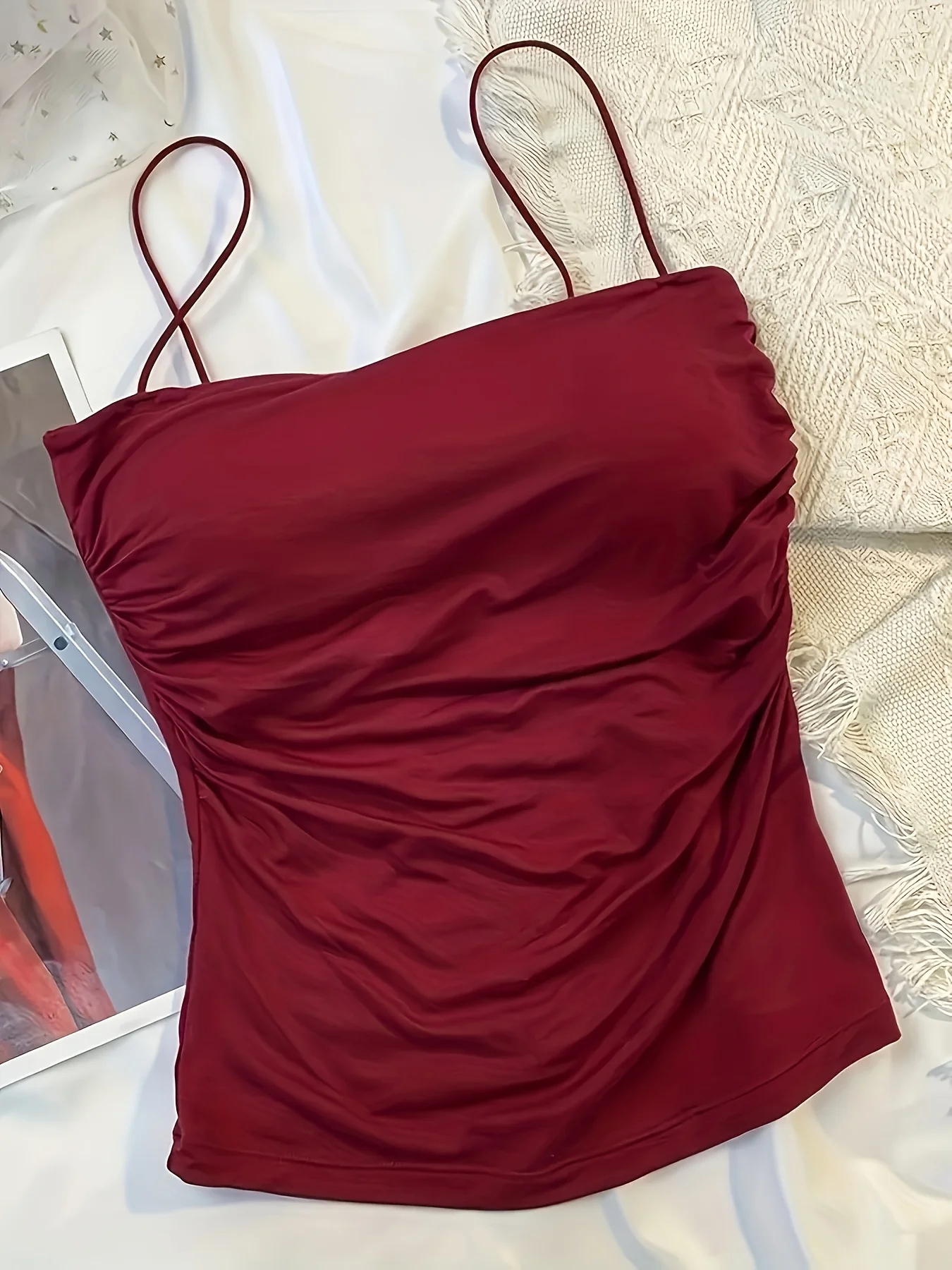 4 pieces of elegant pleated strapless camisoles for women - elastic fixed cushion, solid color (black/dark gray/white/burgundy),