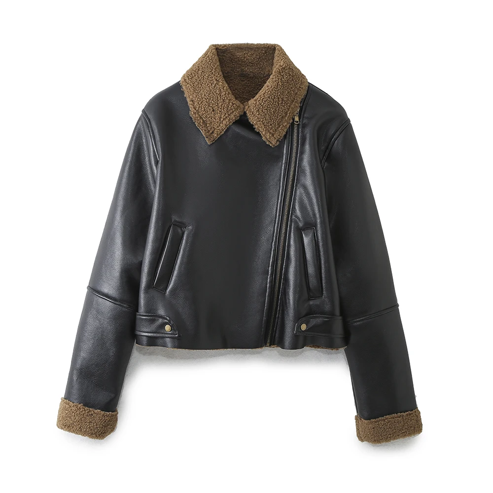 JNLEAOG Jesienna Nowa Damska Kurtka Motocyklowa z Aksamitną Podszewką, Uniwersalny Krój Prosty, Długi Rękaw, Zapinana na Zamek