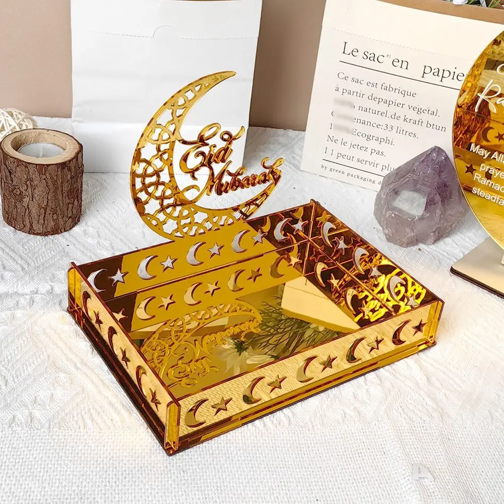 Table Centerpieces Plate Acrylic Eid Mubarak Food Tray Crescent Rectangular Ramadan Tray Mirror Gold Snack Box Candy