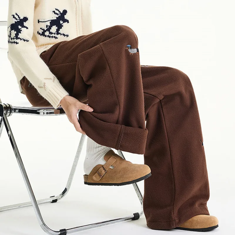 LUZHEN 2026 Winter New Embroidery Pattern Thickened Fleece Liner Warm Pants Men's Trendy Elegant Elastic Waist Trousers JY9495