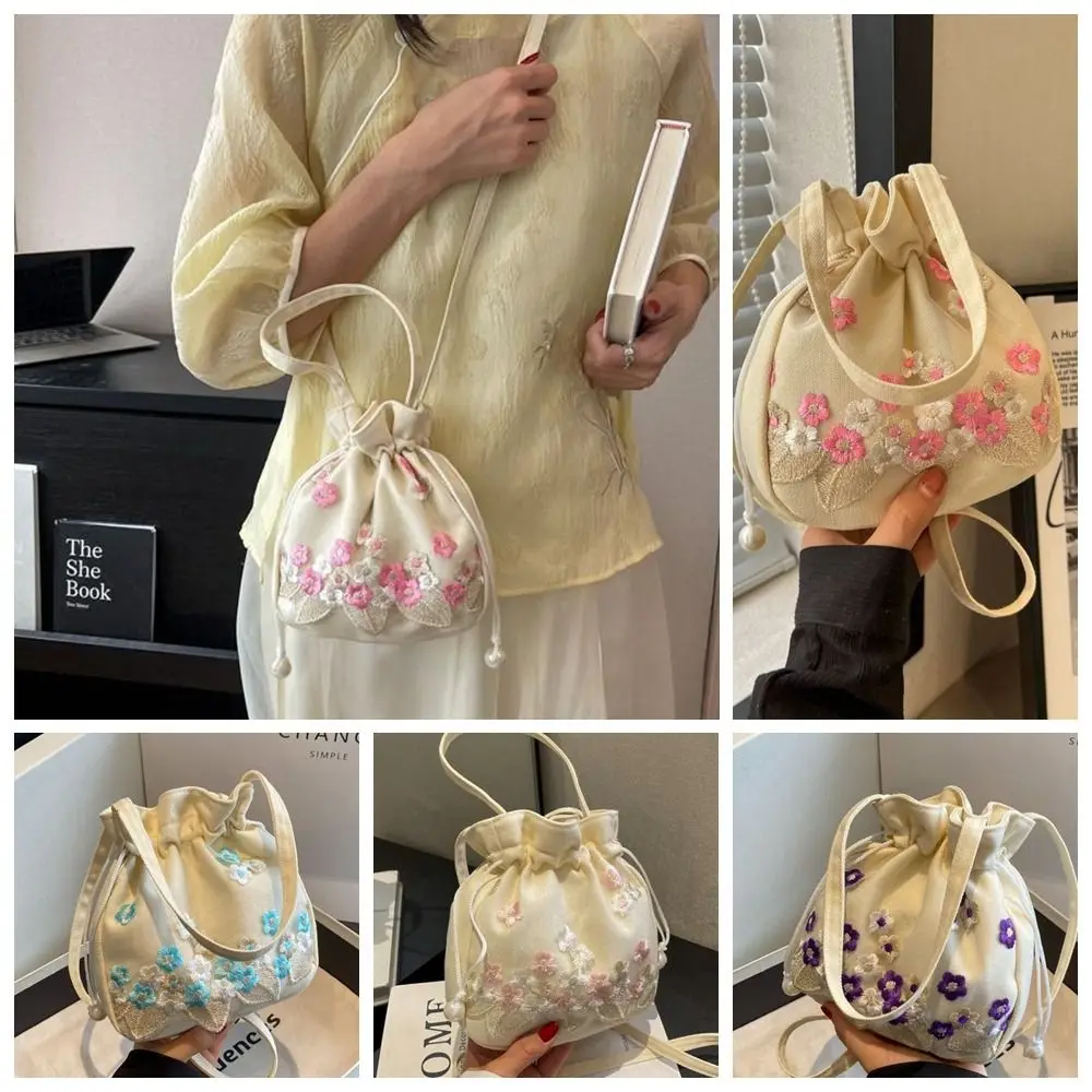 Estilo étnico hanfu cordão saco de ombro crossbody saco bordado flor bolsa de armazenamento chinês saco balde floral