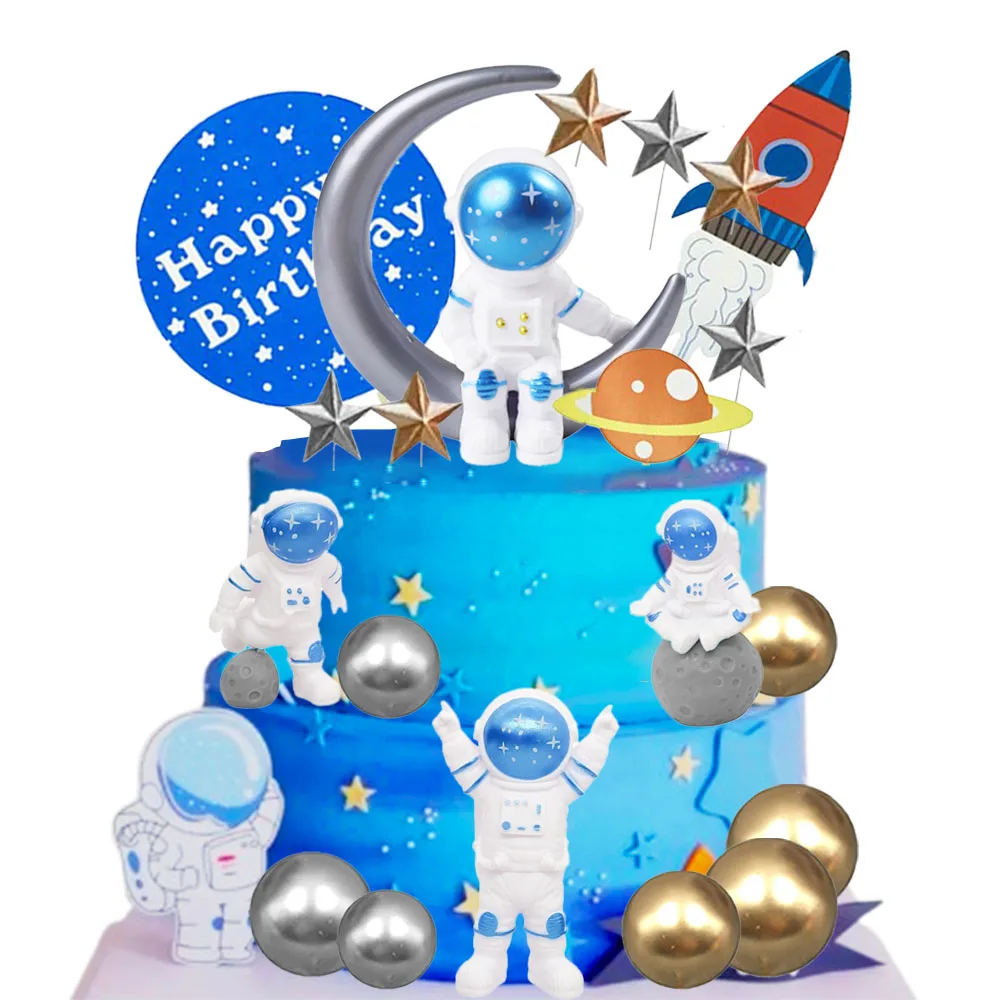 24 Uds. Figura de astronauta para decoración de tarta espacial para cumpleaños de niños, Baby Shower, decoraciones para fiesta en el espacio exterior del universo, adorno para tarta