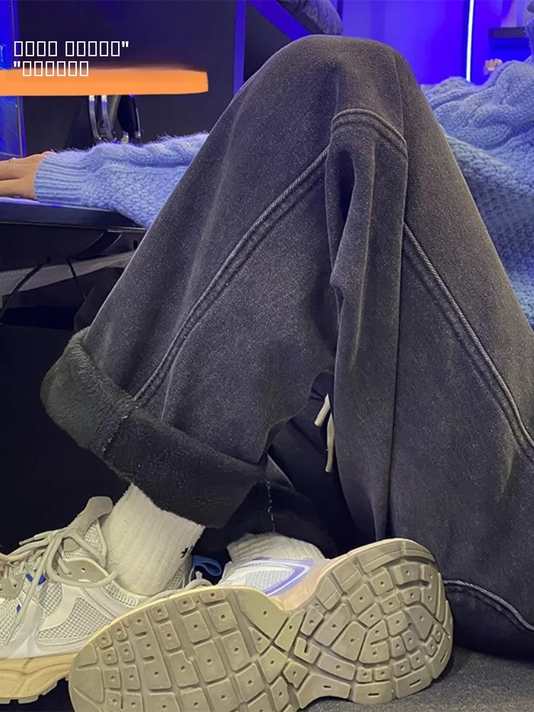 

Утепленные мужские джинсы на флисовой подкладке, прямые широкие брюки, зимние теплые джинсы в уличном стиле с высокой талией, классические синие джинсы