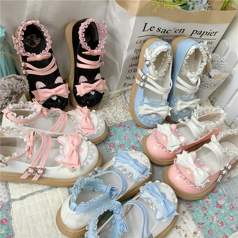 Lisapie Blue Lolita Shoes Sweet Bow Buckle Strap Cosplay Shoes Woman Solid Color Patchwork Lace Flat platform Mary Jane Shoes