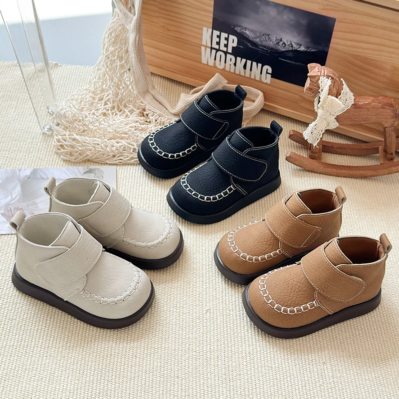 Autumn Boys Girl's Boots Chunky Hook-loop Retro Kid's Flat Shoe Solid Colors Anti-slip Daily Fashion Versatile Children Shoes