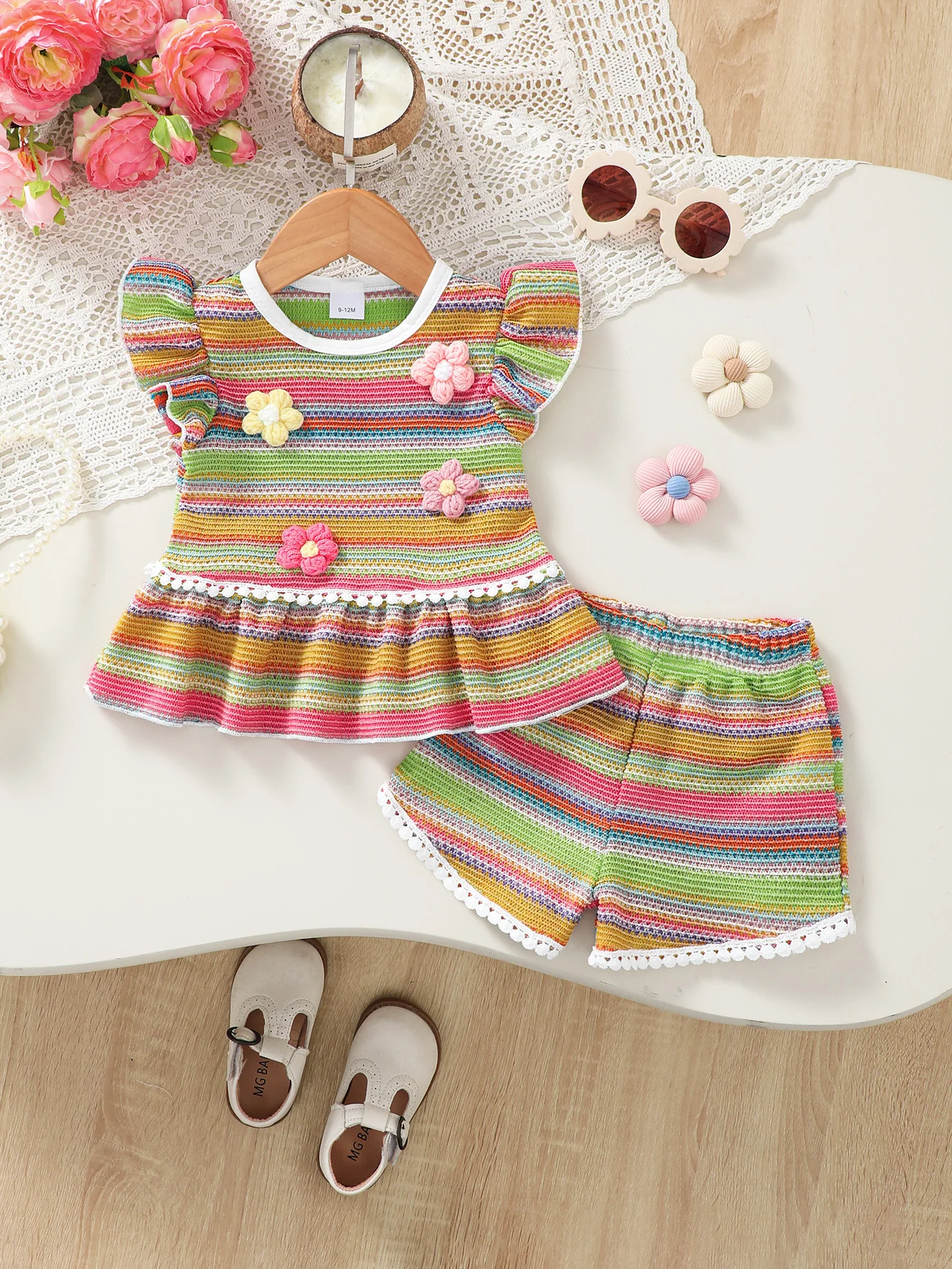 2-Piece Baby Girl's Short Sleeve Shorts Set Colorful Stripes Floral Print Fashionable Sweet Vacation Style Outfit